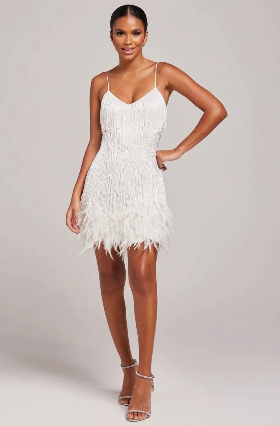 Layla | Women's Beaded Fringe Feather-Trim Spaghetti-Strap Mini Dress