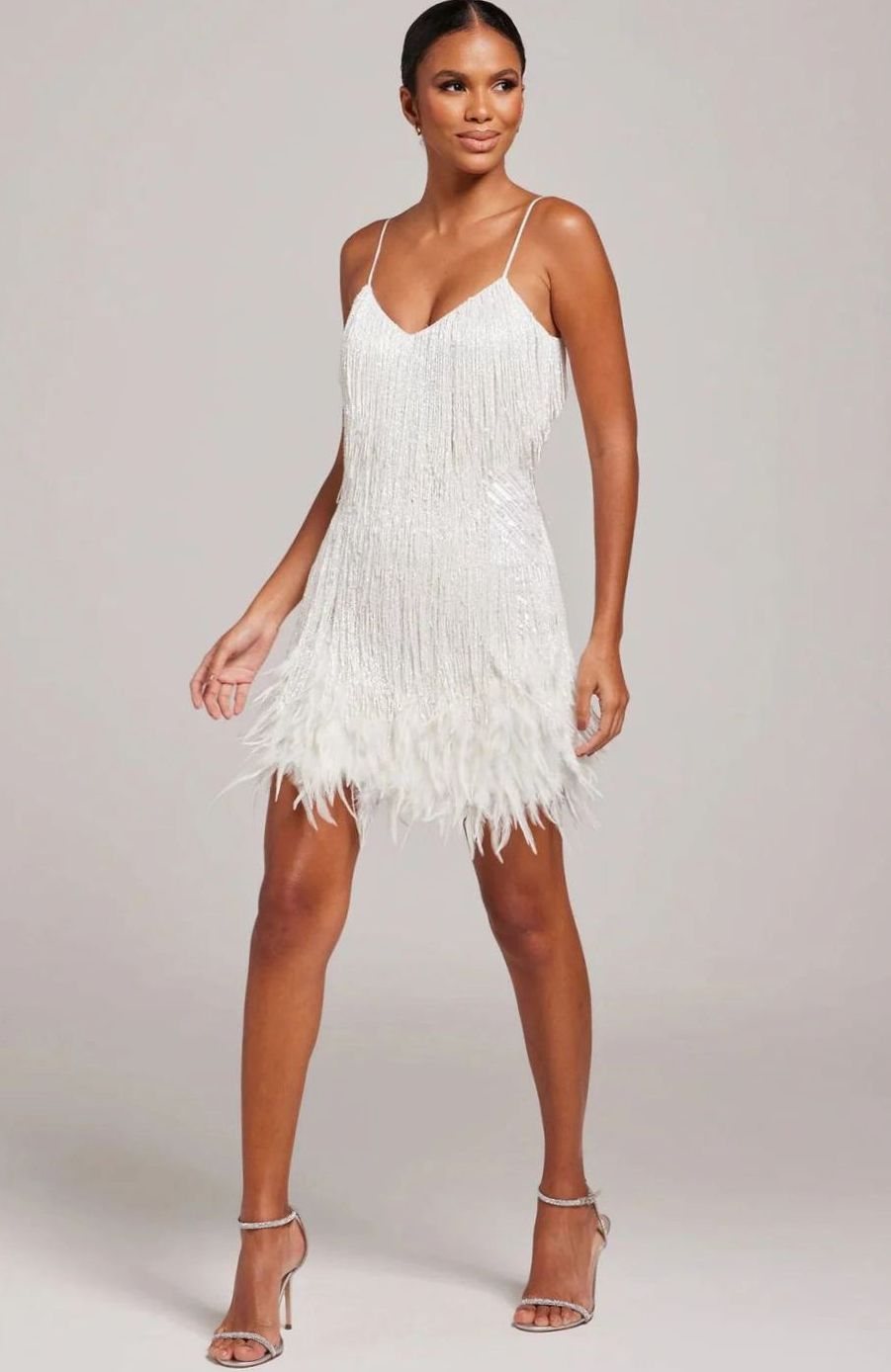 Layla | Women's Beaded Fringe Feather-Trim Spaghetti-Strap Mini Dress