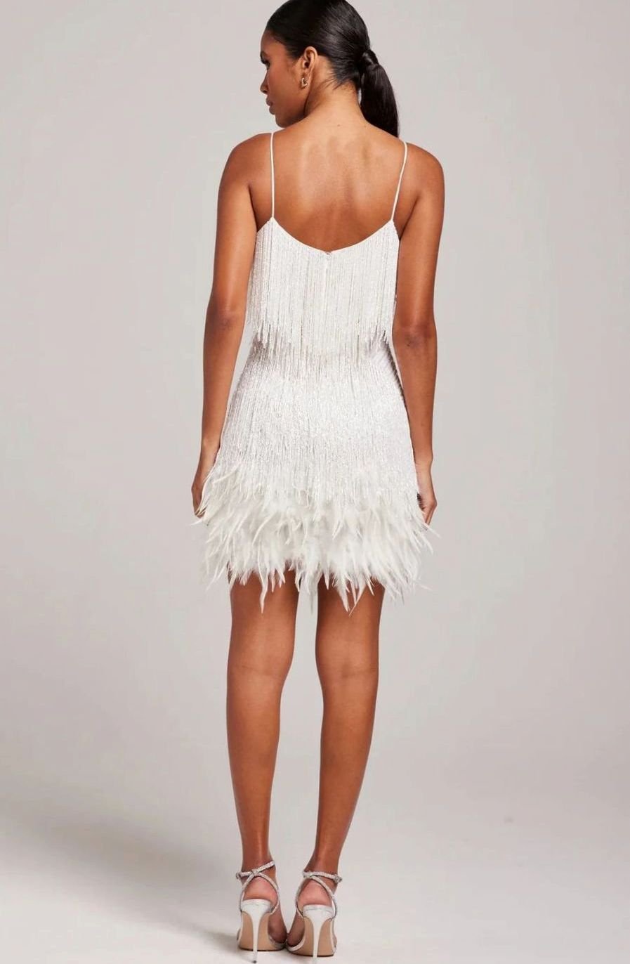 Layla | Women's Beaded Fringe Feather-Trim Spaghetti-Strap Mini Dress