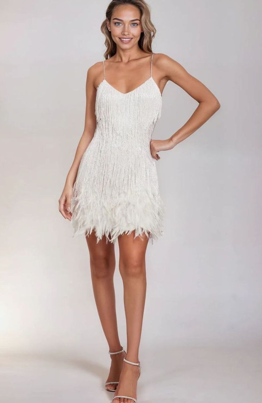 Layla | Women's Beaded Fringe Feather-Trim Spaghetti-Strap Mini Dress