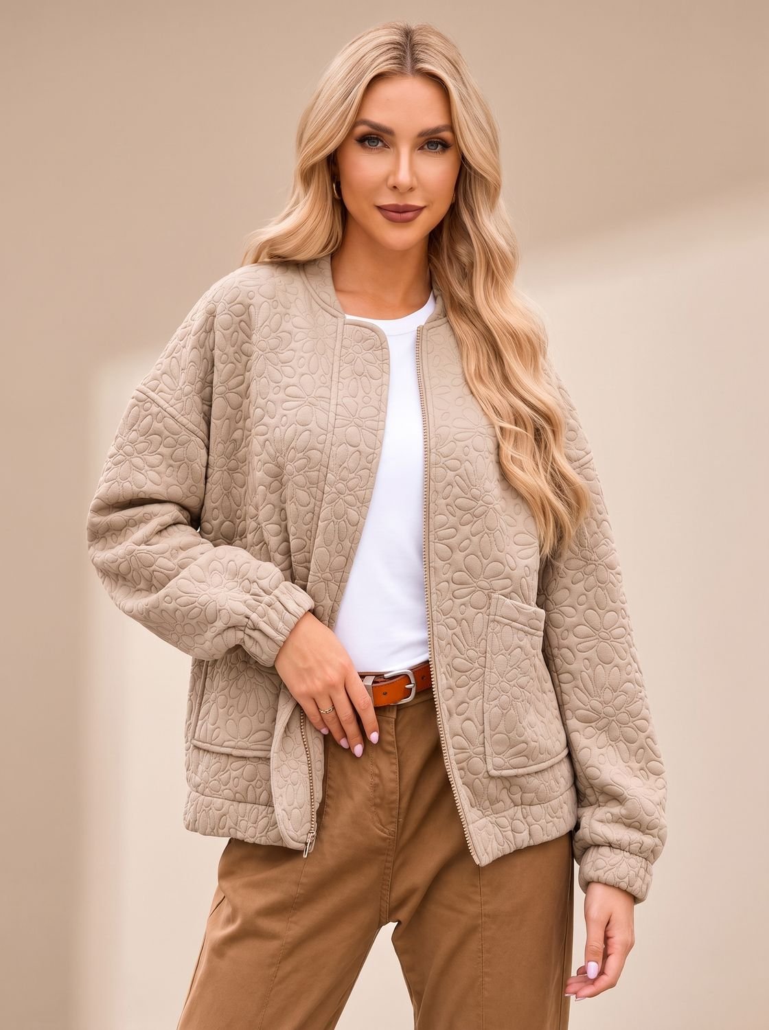Harper | Women's Beige Quilted Zip-Up Bomber Jacket Front Pockets
