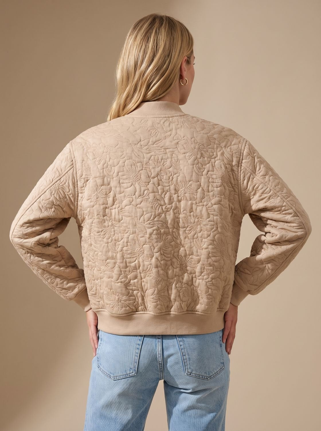 Harper | Women's Beige Quilted Zip-Up Bomber Jacket Front Pockets