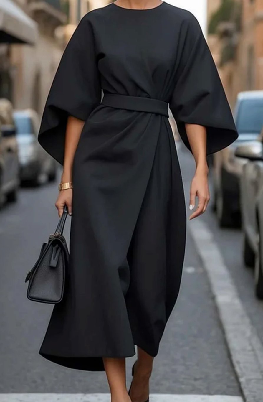Victoria | Women's Belted Kimono-Sleeve Midi Elegant Dress
