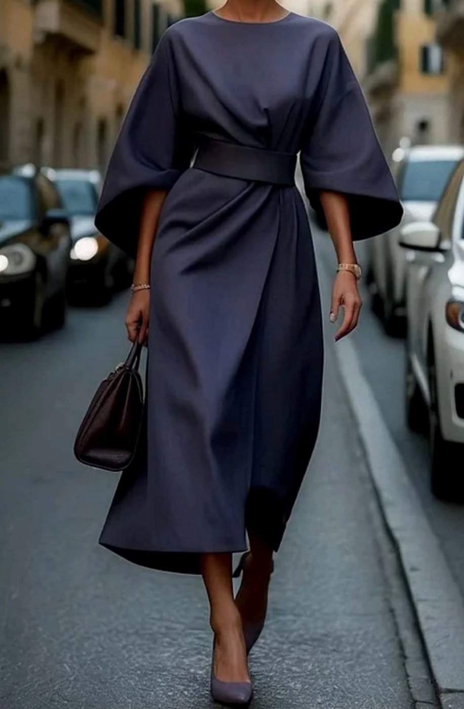 Victoria | Women's Belted Kimono-Sleeve Midi Elegant Dress