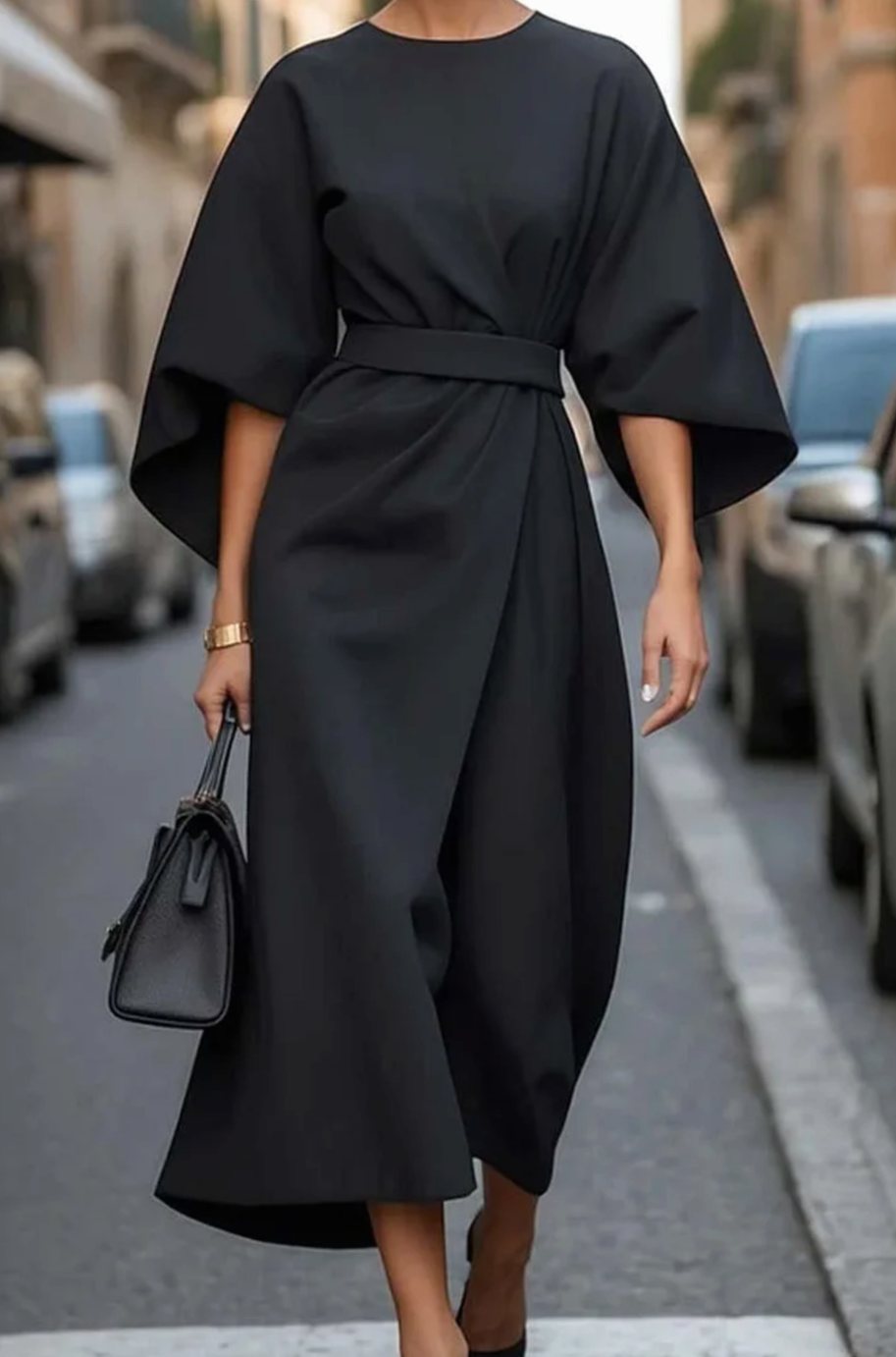 Victoria | Women's Belted Kimono-Sleeve Midi Elegant Dress