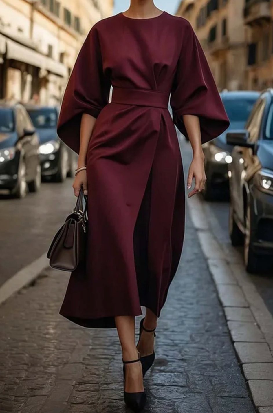 Victoria | Women's Belted Kimono-Sleeve Midi Elegant Dress