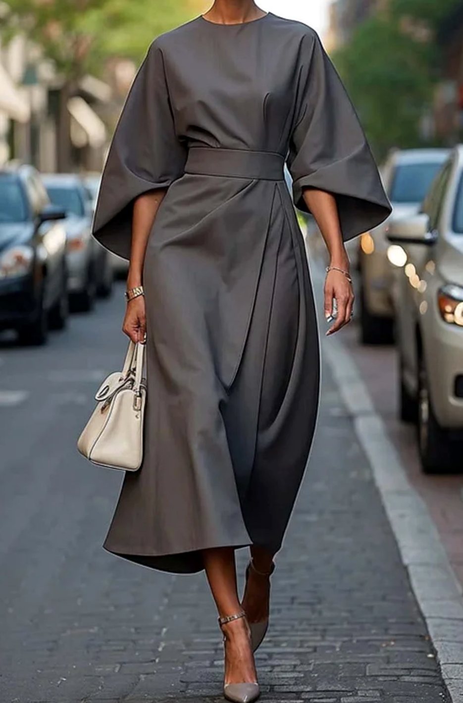 Victoria | Women's Belted Kimono-Sleeve Midi Elegant Dress