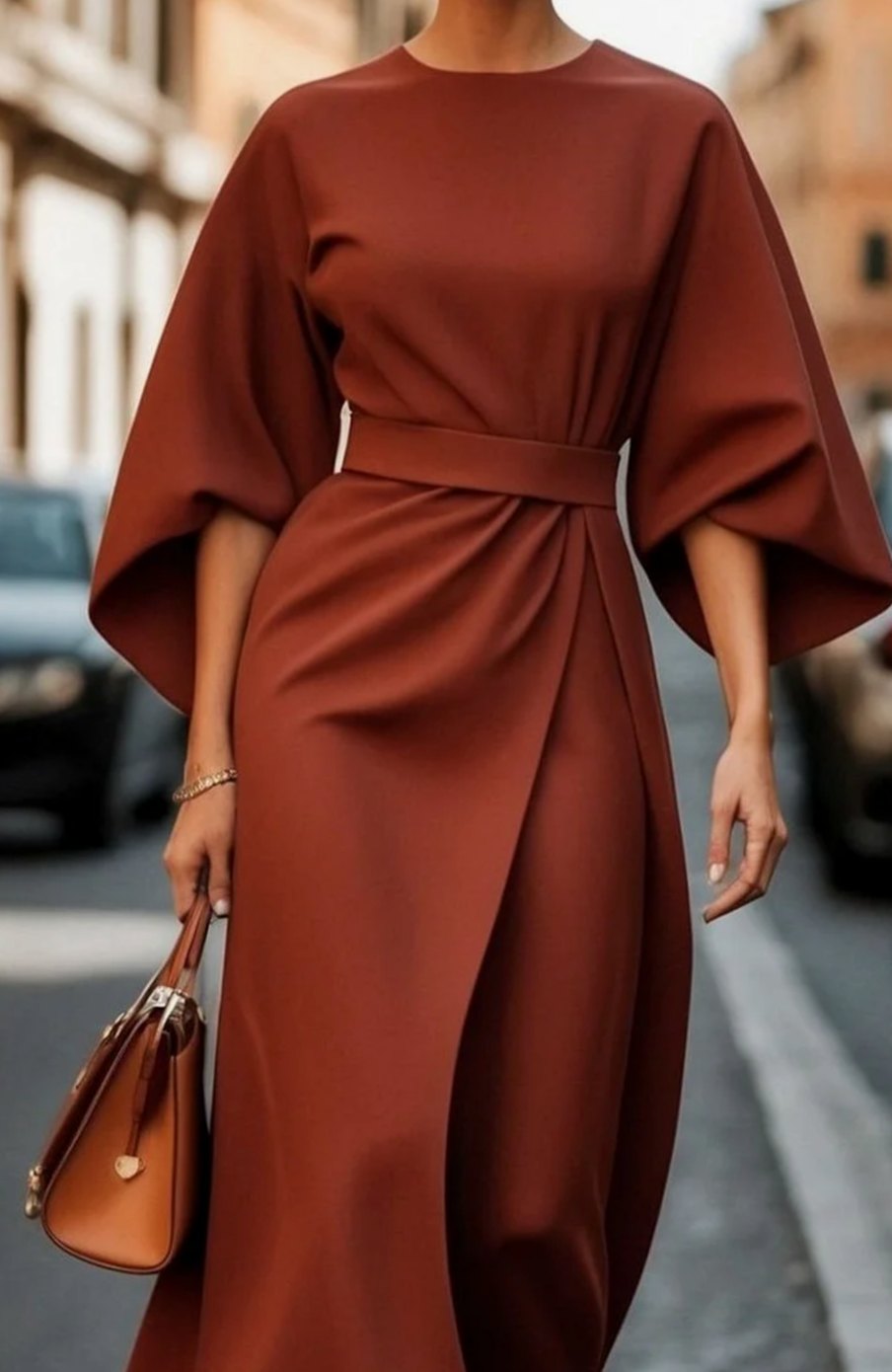 Victoria | Women's Belted Kimono-Sleeve Midi Elegant Dress
