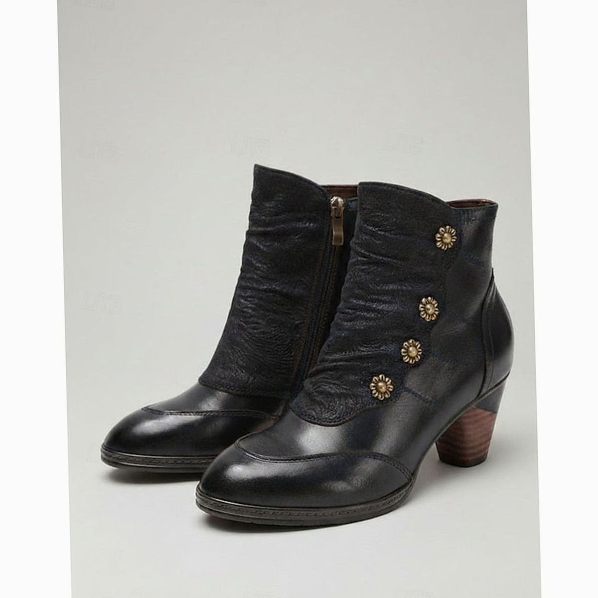 Madison | Women's Block Heel Ankle Boots Floral Button Side Zip
