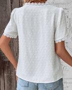 Eleanor | Women's Bohemian Swiss Dot Lace Trim V-Neck Blouse