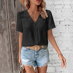 Eleanor | Women's Bohemian Swiss Dot Lace Trim V-Neck Blouse