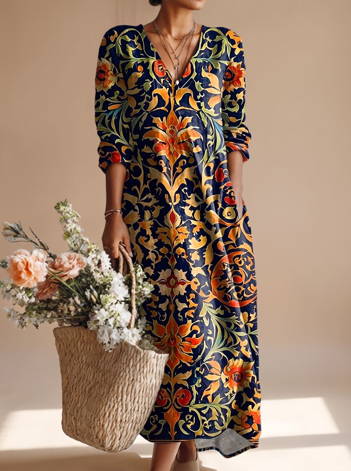 Charlotte | Women's Boho Floral Long Sleeve Maxi Dress V-Neck Relaxed Fit
