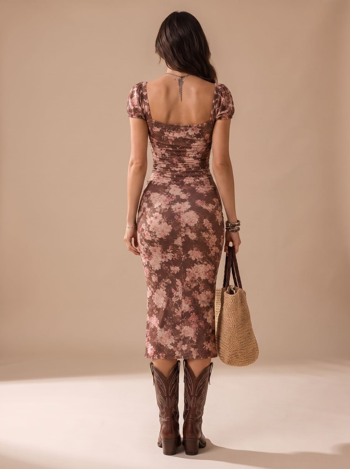 Scarlett | Women's Boho Floral Print Ruched Midi Dress Sweetheart Side Slit