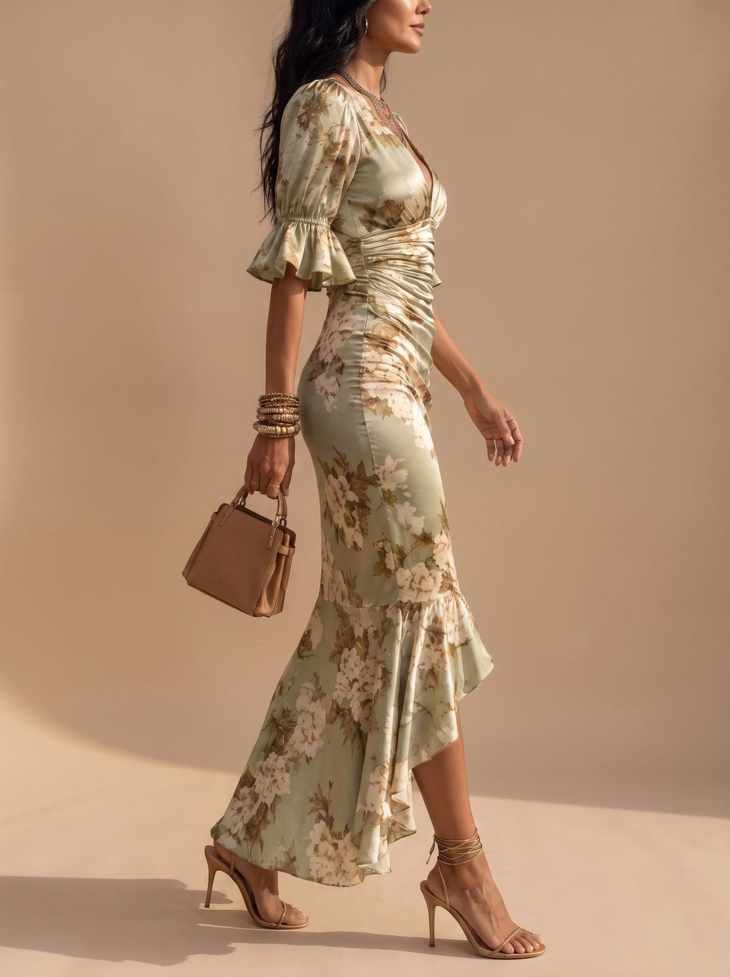 Olivia | Women's Boho Floral Ruched V-Neck Midi Dress Ruffled Sleeves