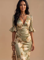 Olivia | Women's Boho Floral Ruched V-Neck Midi Dress Ruffled Sleeves
