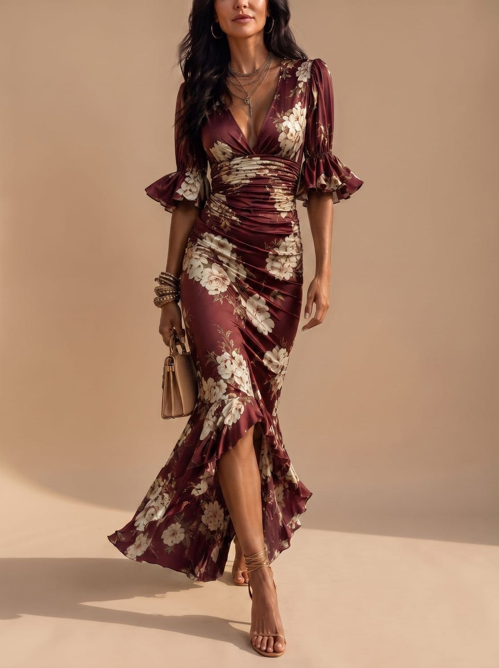 Olivia | Women's Boho Floral Ruched V-Neck Midi Dress Ruffled Sleeves