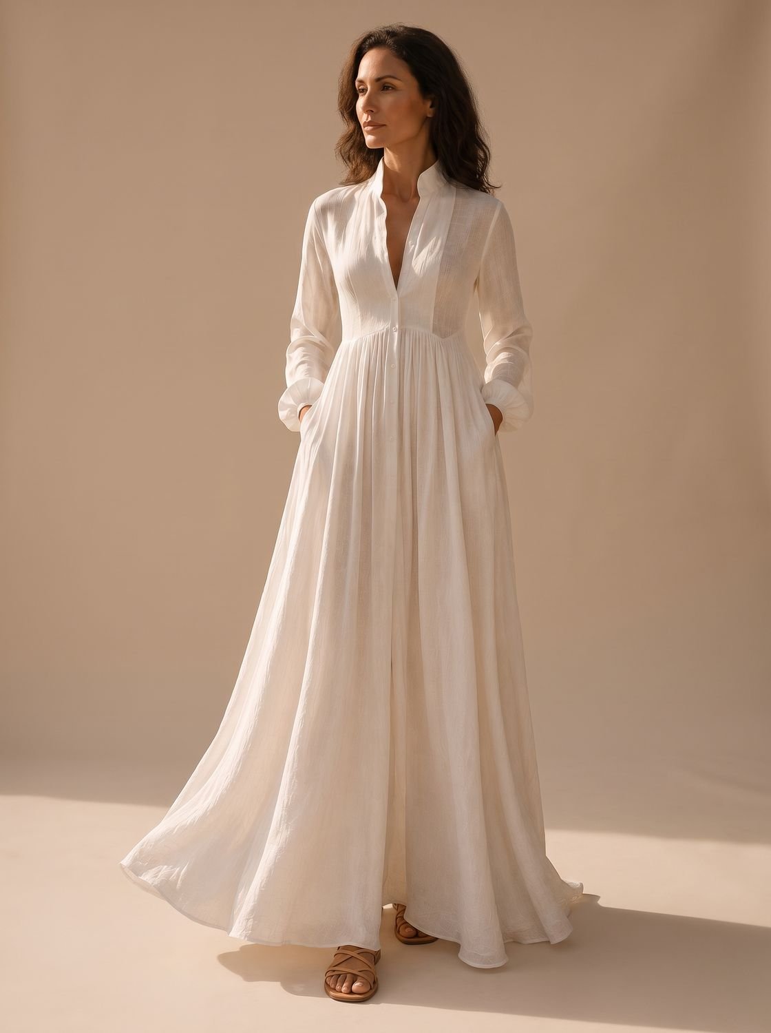 Emma | Women's Boho Long-Sleeve V-Neck Flowy Linen Maxi Dress