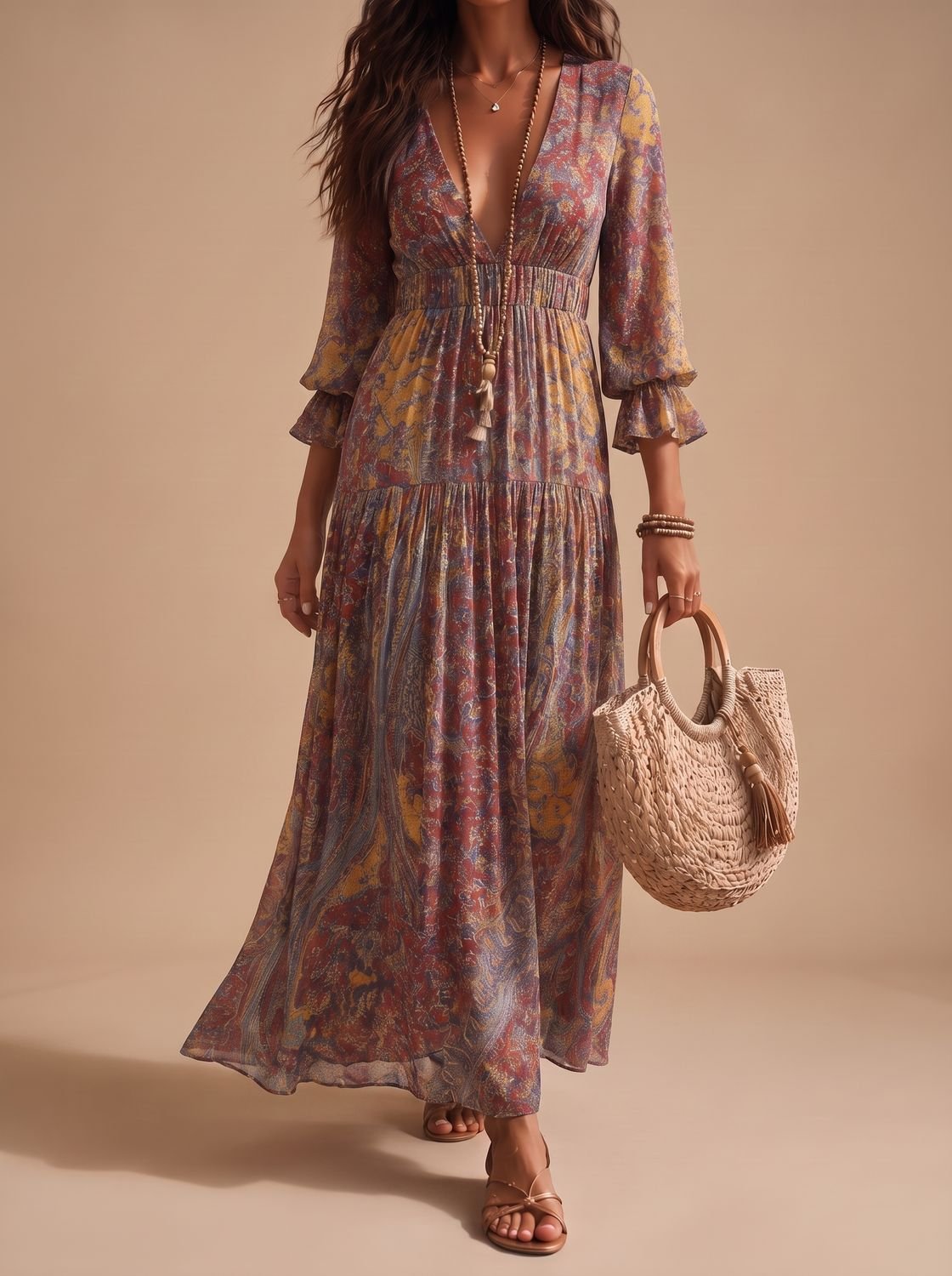 Harper | Women's Boho Paisley Flowy Long-Sleeve Maxi Dress