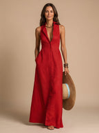 Madison | Women's Boho Sleeveless Button-Down Linen Maxi Beach Dress