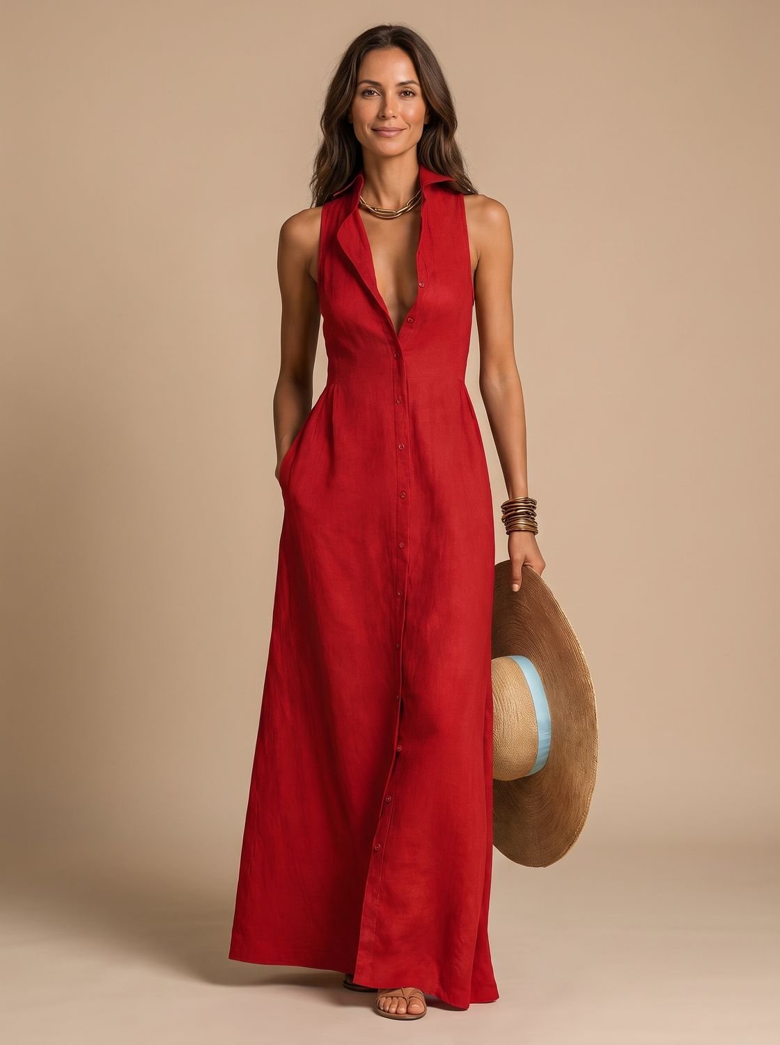 Madison | Women's Boho Sleeveless Button-Down Linen Maxi Beach Dress