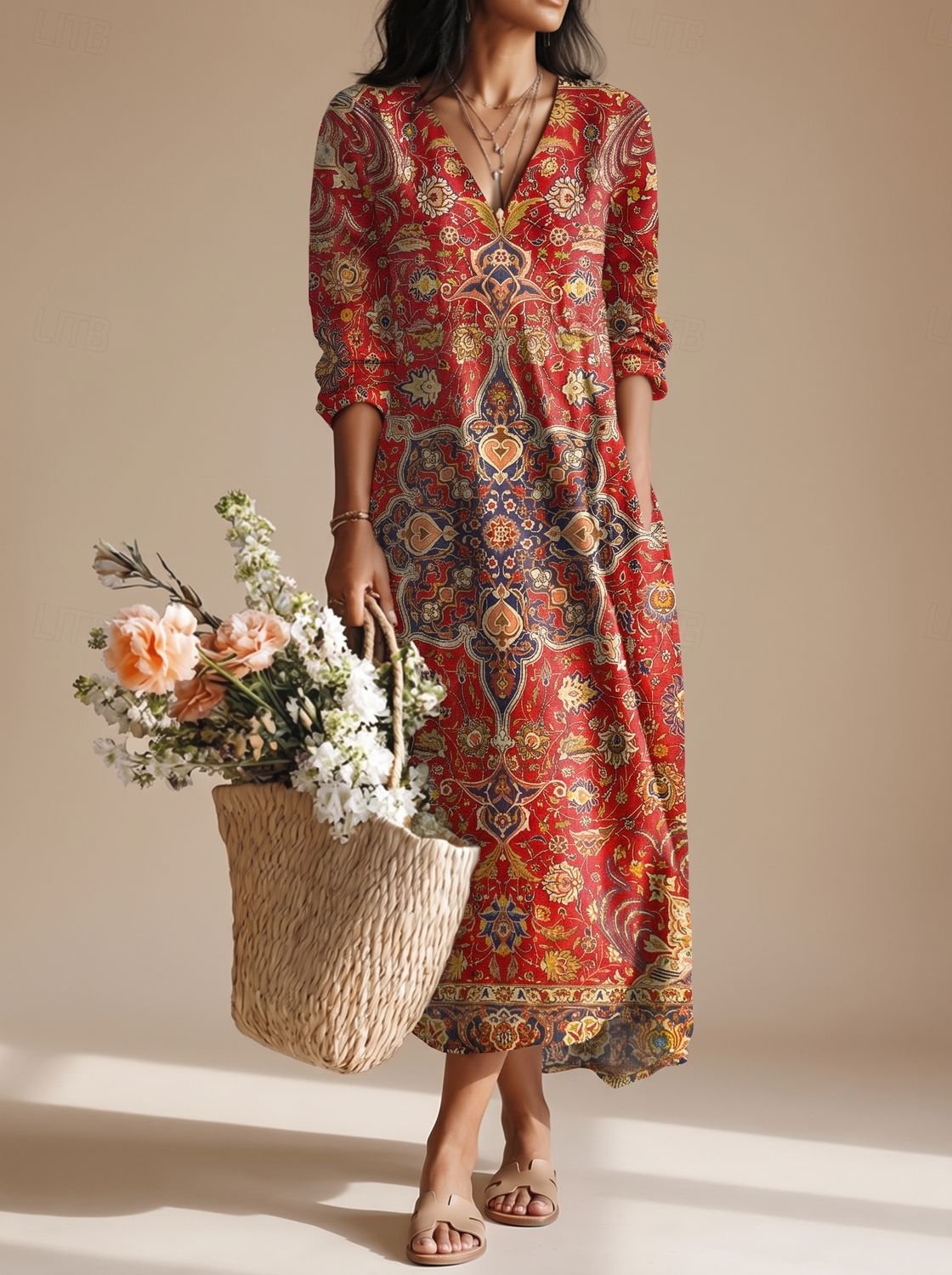 Camila | Women's Boho Vintage Paisley Long Sleeve Maxi Dress
