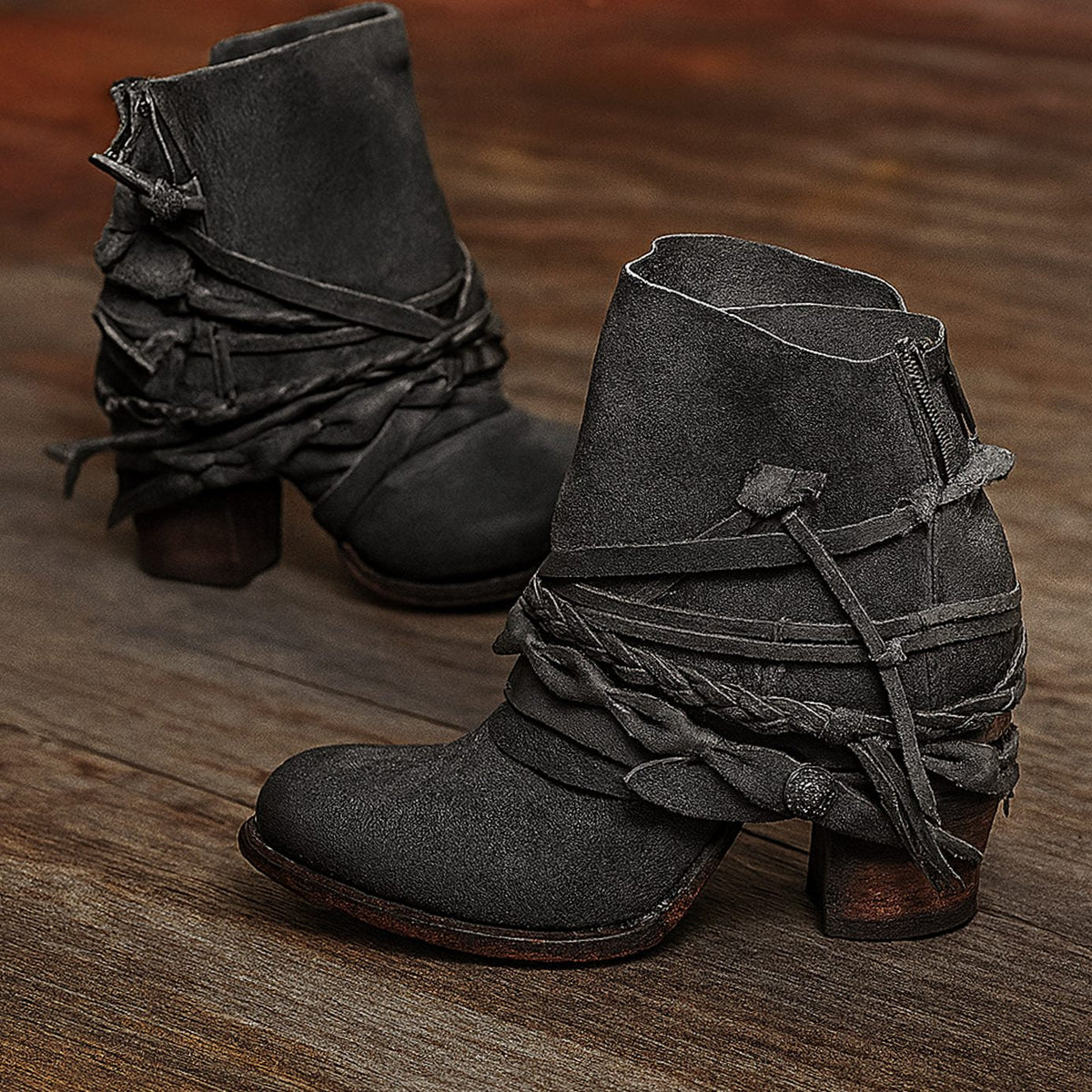 Victoria | Women's Boho Western Wrap-Strap Block-Heel Ankle Boots