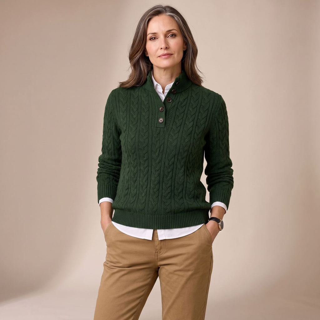 Charlotte | Women's Cable Knit Mock Neck Button-Placket Wool-Blend Sweater