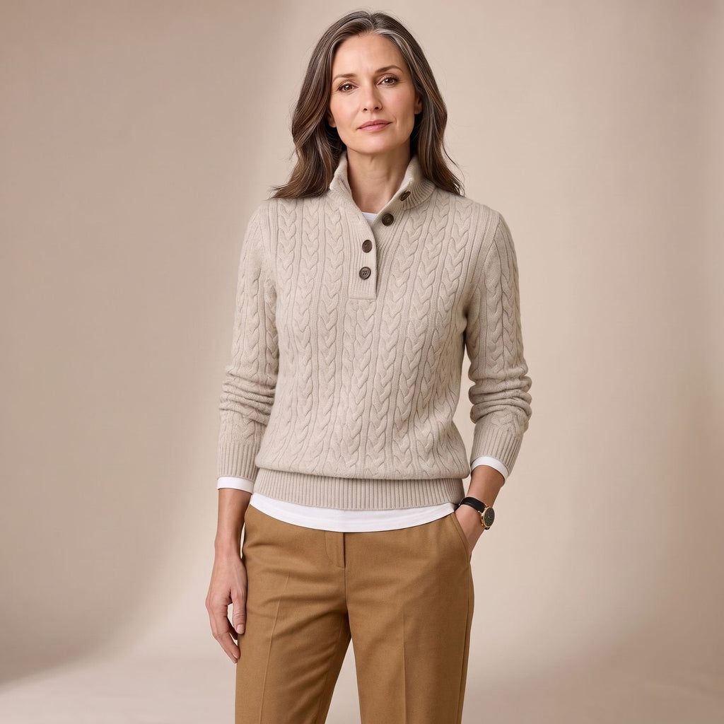 Charlotte | Women's Cable Knit Mock Neck Button-Placket Wool-Blend Sweater