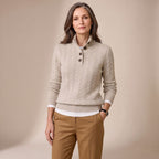 Charlotte | Women's Cable Knit Mock Neck Button-Placket Wool-Blend Sweater