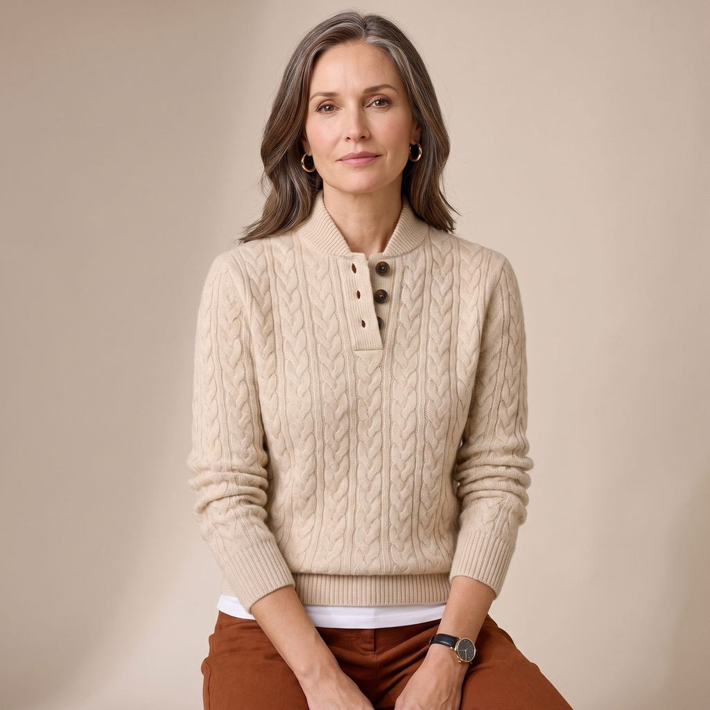 Charlotte | Women's Cable Knit Mock Neck Button-Placket Wool-Blend Sweater
