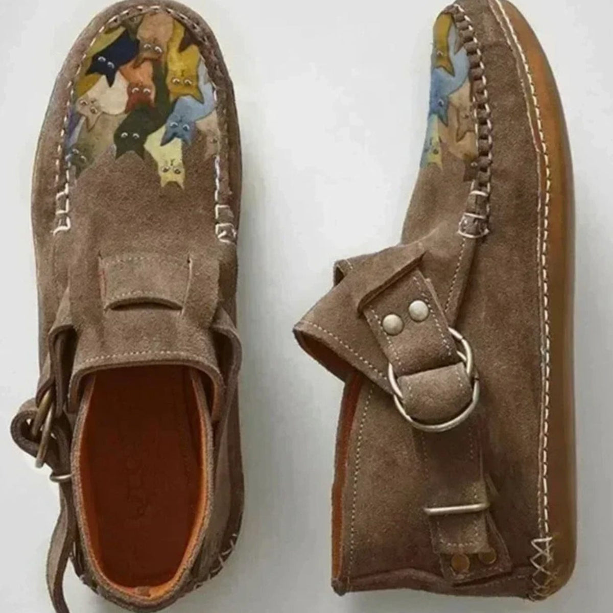 Mia | Women's Cat Print Suede Buckle Slip-On Shoes