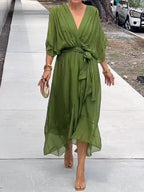 Emma | Women's Chiffon V-Neck Belted Midi Cocktail Party Dress