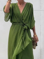 Emma | Women's Chiffon V-Neck Belted Midi Cocktail Party Dress
