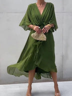Emma | Women's Chiffon V-Neck Belted Midi Cocktail Party Dress