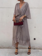 Emma | Women's Chiffon V-Neck Belted Midi Cocktail Party Dress