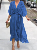 Emma | Women's Chiffon V-Neck Belted Midi Cocktail Party Dress