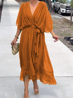 Emma | Women's Chiffon V-Neck Belted Midi Cocktail Party Dress