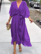 Emma | Women's Chiffon V-Neck Belted Midi Cocktail Party Dress