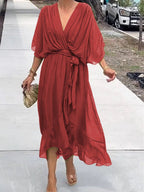 Emma | Women's Chiffon V-Neck Belted Midi Cocktail Party Dress