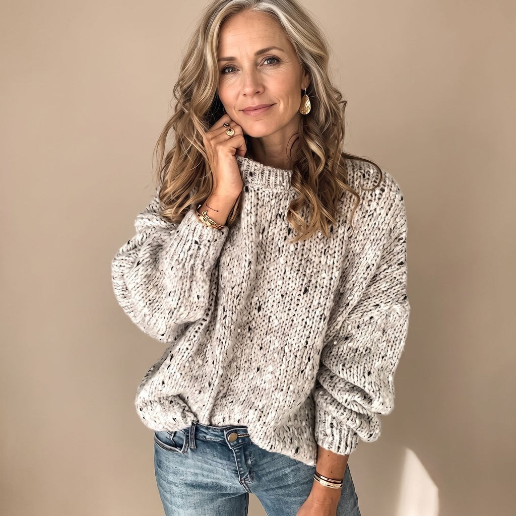 Olivia | Women's Chunky Knit Speckled Crewneck Pullover Sweater