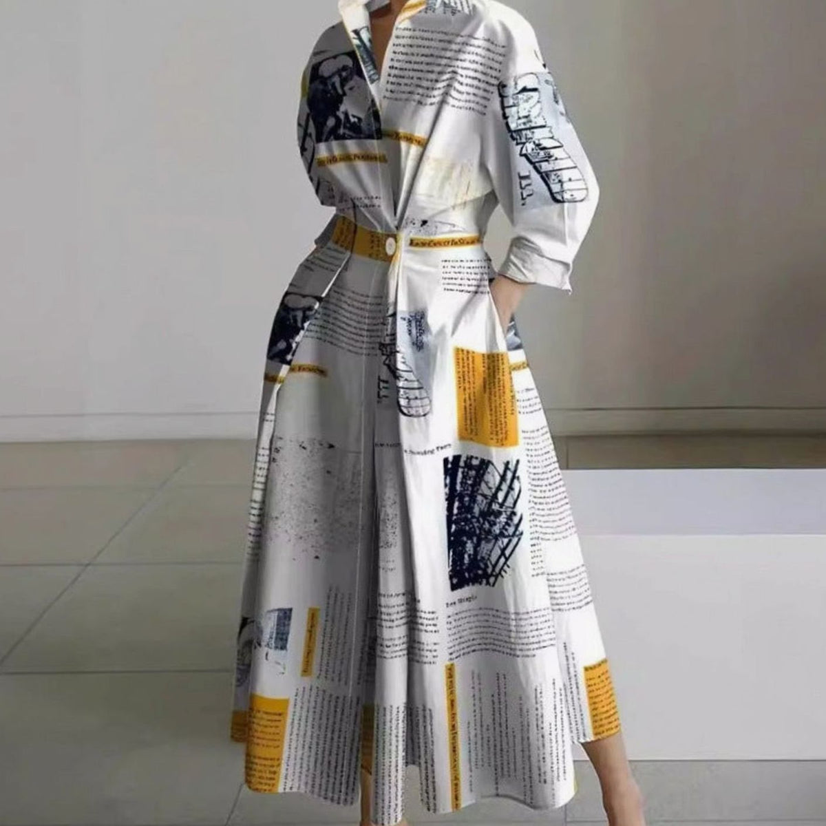 Luna | Women's Collared Maxi Shirt Dress Newspaper Print Wrap Front