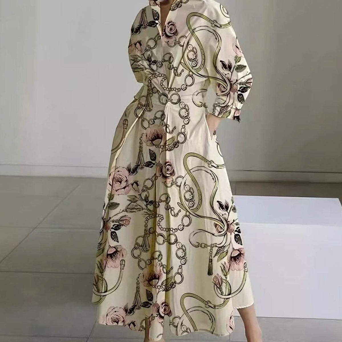 Luna | Women's Collared Maxi Shirt Dress Newspaper Print Wrap Front