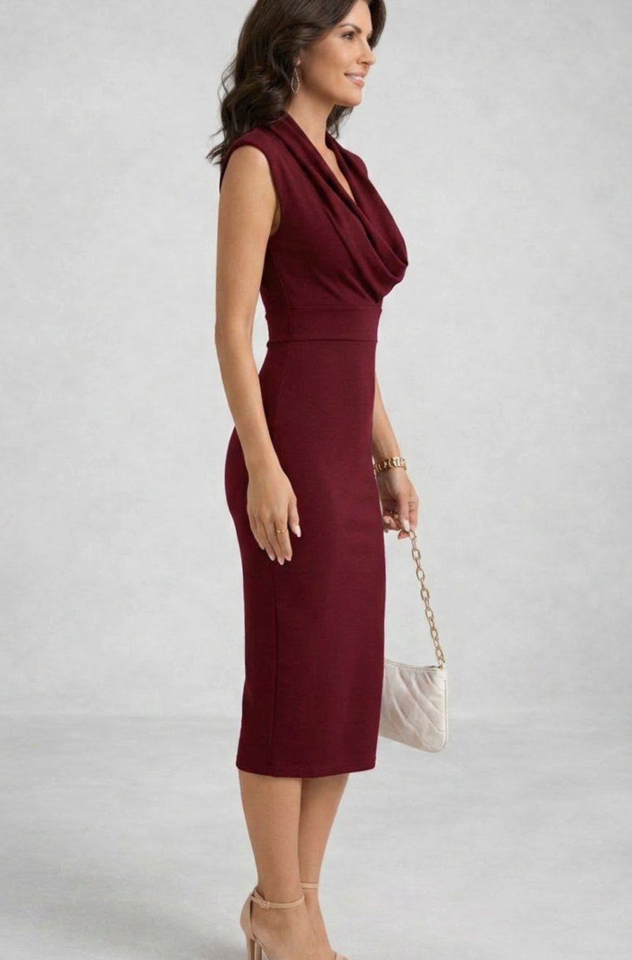 Luna | Women's Cowl Neck Sleeveless Body-Skimming Midi Cocktail Dress
