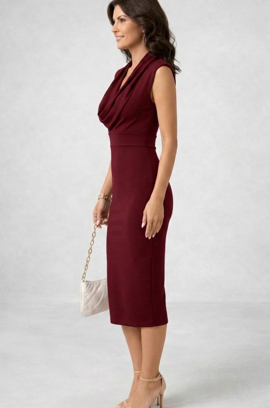 Luna | Women's Cowl Neck Sleeveless Body-Skimming Midi Cocktail Dress