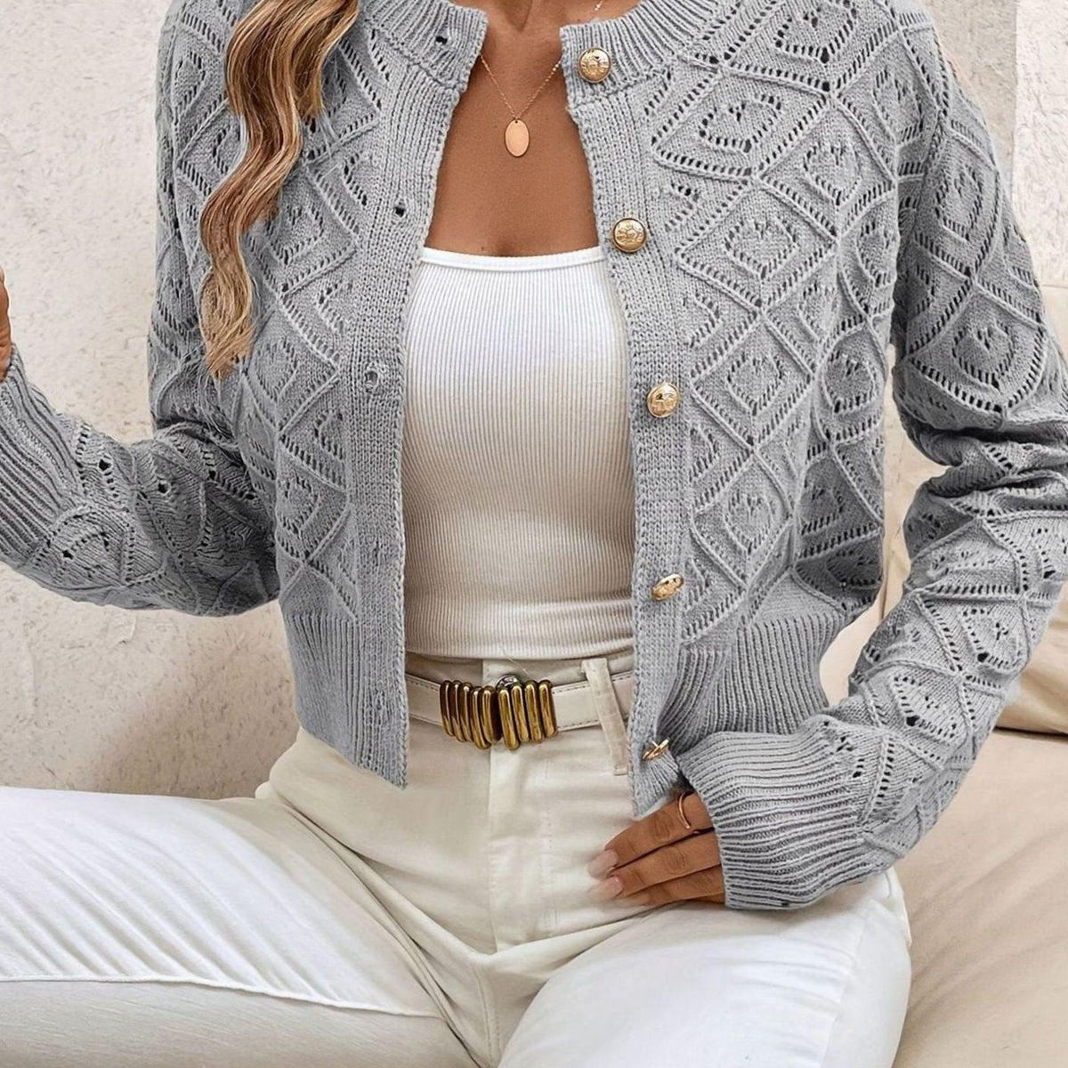 Olivia | Women's Cropped Diamond-Knit Button-Front Cardigan