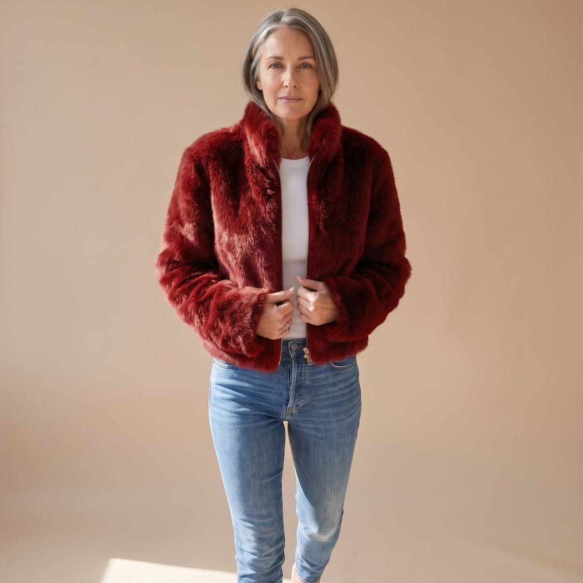 Evelyn | Women's Cropped Faux Fur Coat Zip-Up Fluffy Jacket