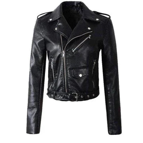 Aria | Women's Cropped Moto Faux Leather Jacket Belted Biker