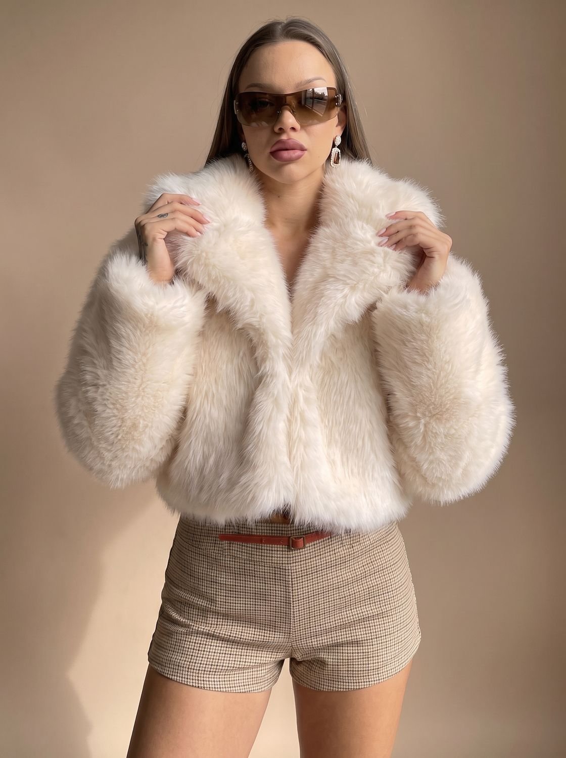 Charlotte | Women's Cropped Open-Front Faux Fur Coat Oversized Sleeves
