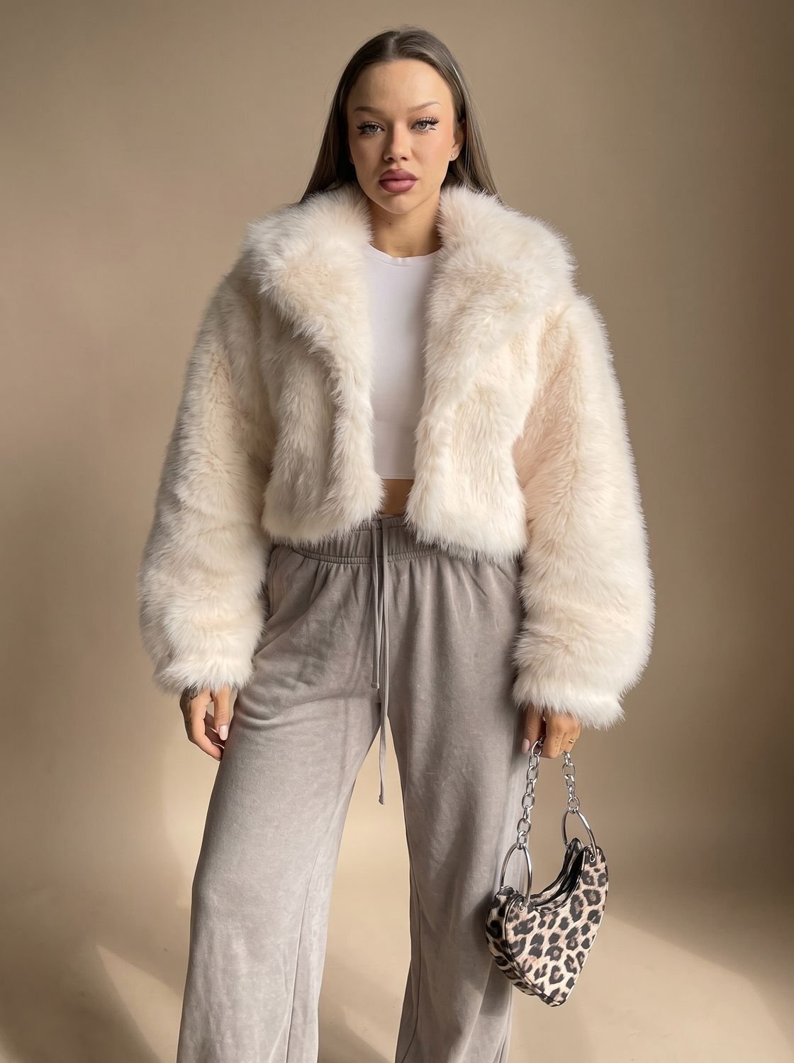 Charlotte | Women's Cropped Open-Front Faux Fur Coat Oversized Sleeves