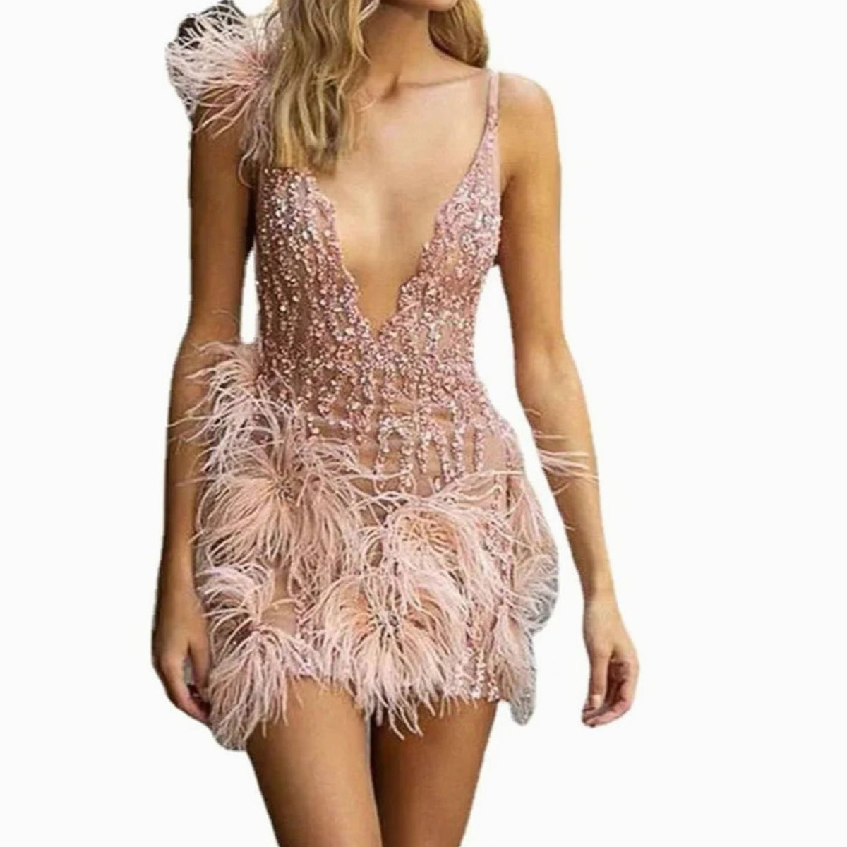 Evelyn | Women's Deep V-Neck Beaded Feather-Trim Mini Cocktail Dress